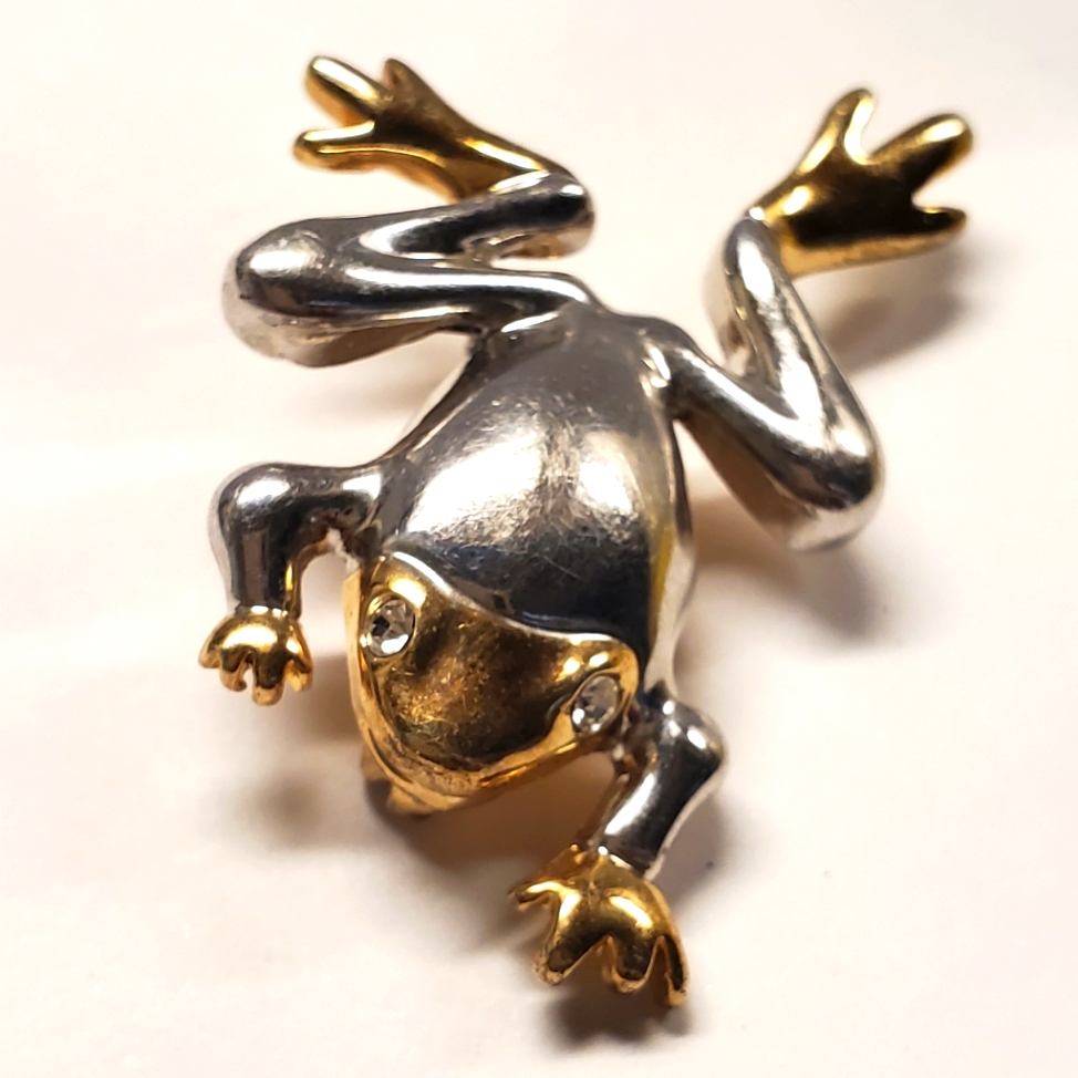 Vintage Lr Frog With Clear Rhinestone Eyes Gold/Silver Tone Brooch/Pin. 1.4in